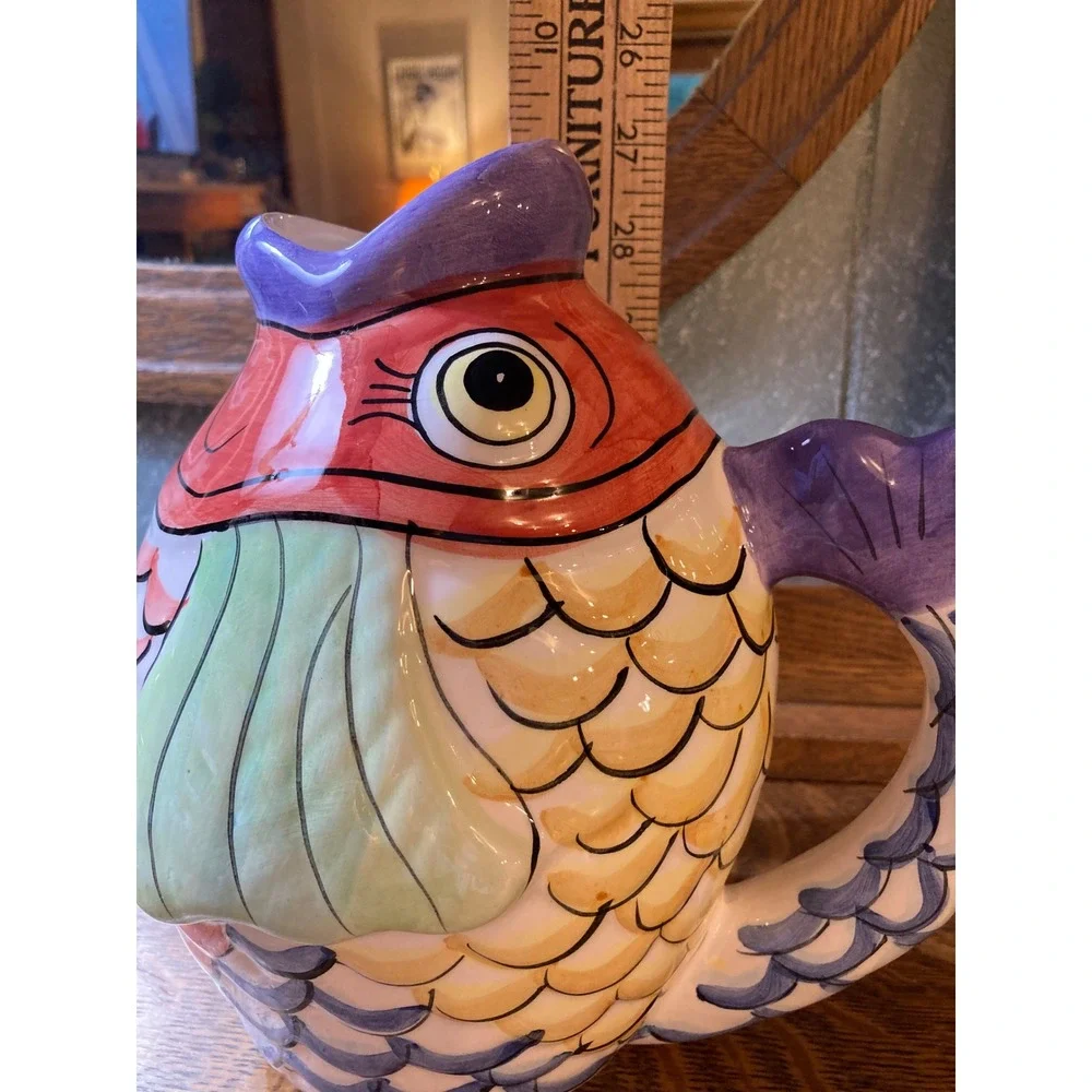 Hand Painted Ceramic Fish Pitcher Whimsical Coastal Decorative Vase Multicolor